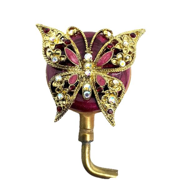 BLING BUTTERFLY PURSE BAG HOOK HOLDER GOLD BURGUNDY FOLDING HANDBAG TABLE HANGER - Picture 2 of 4